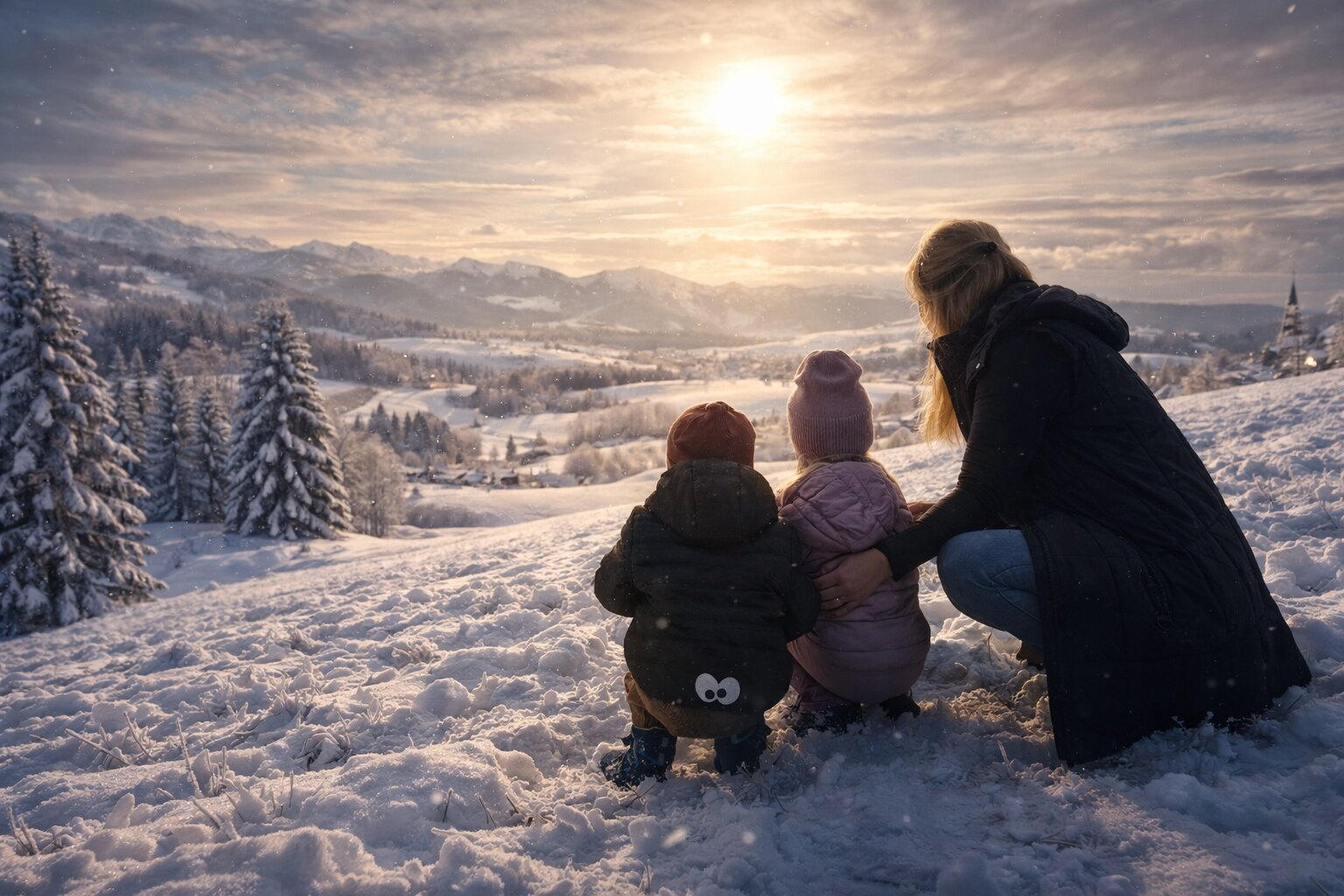 Julia sitting with her children in a snowy mountain landscape